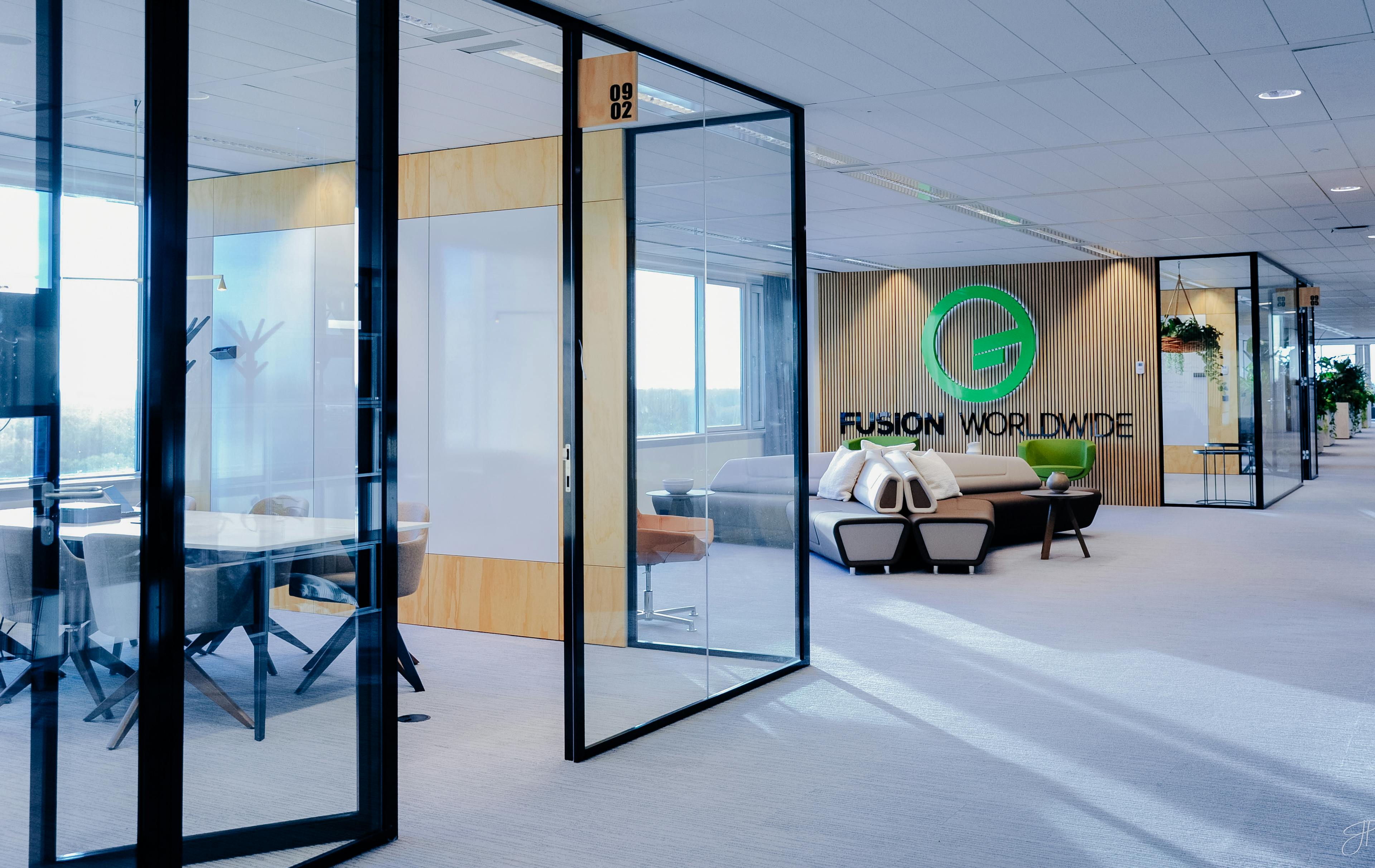 A conference room and waiting area at Fusion Worldwide's office in Amsterdam, Netherlands