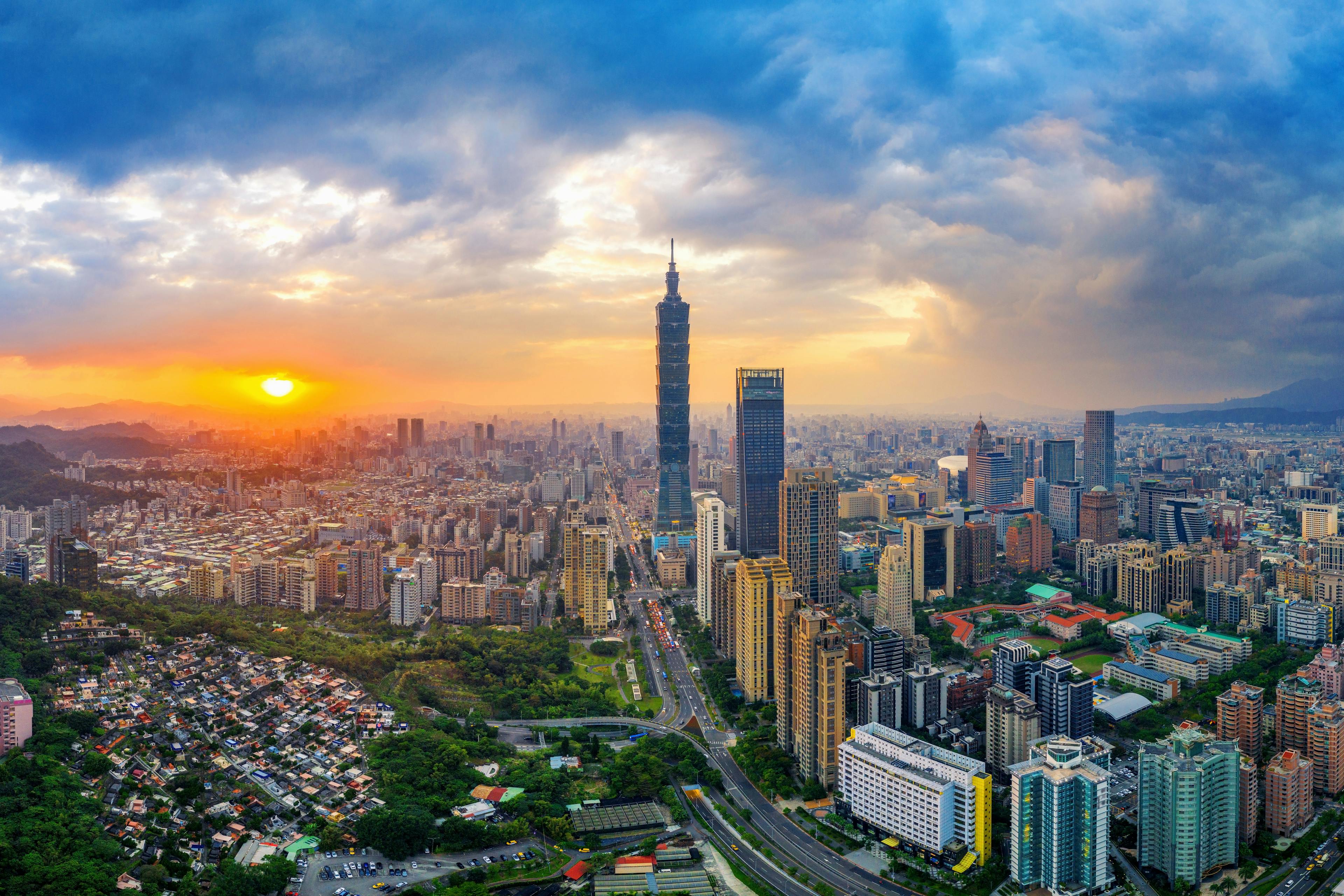 Aerial view of the Taiwan skyline at sunset