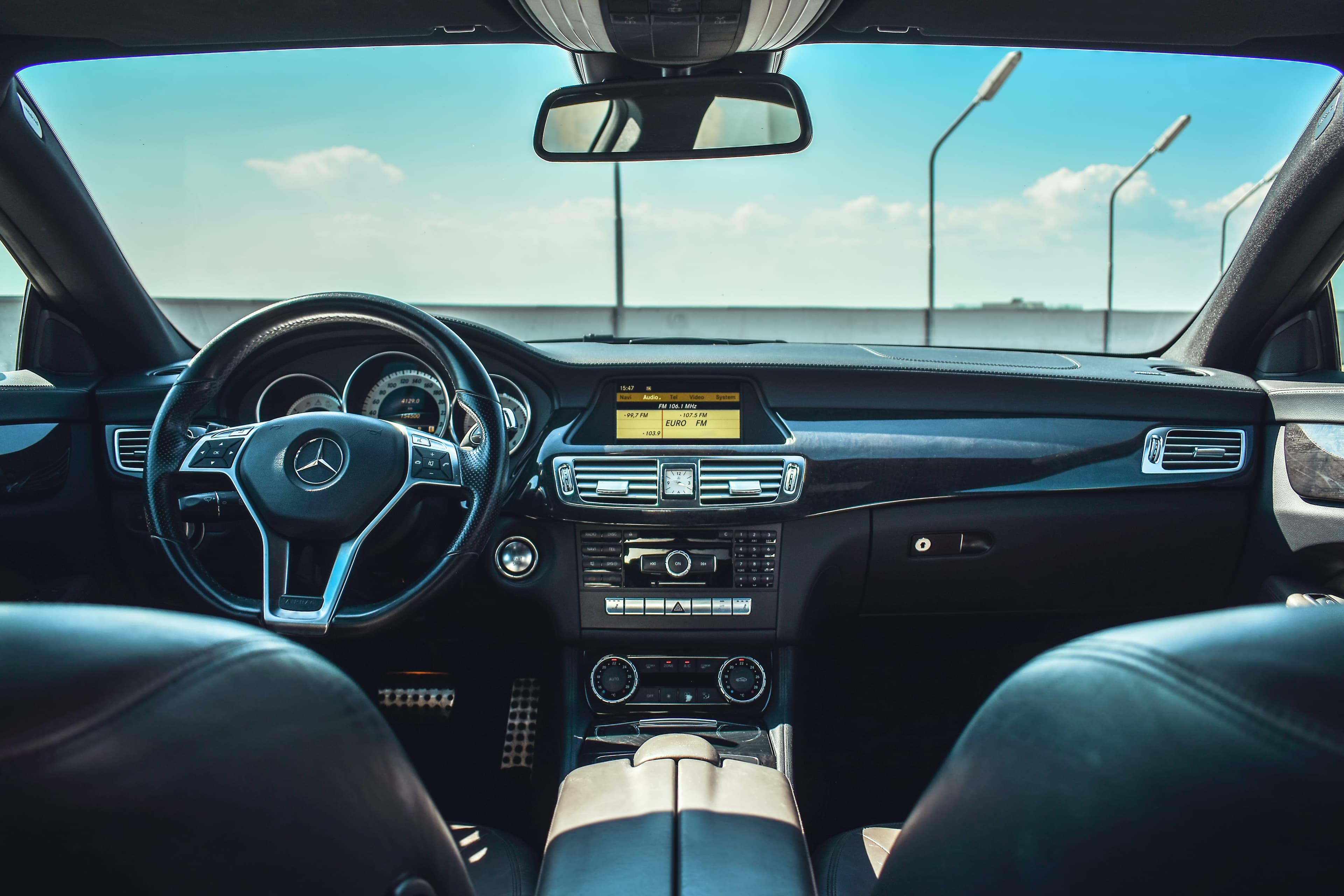 Inside a Mercedes-Benz with black interior